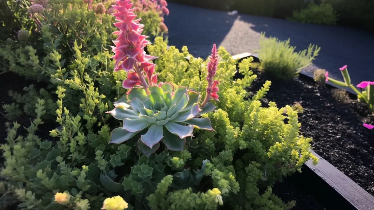A succulent with a death bloom in a garden
